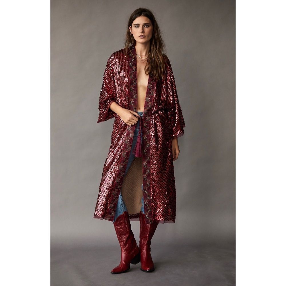 Free People Light Is Coming Kimono Sequin Embellished Duster Jacket $299